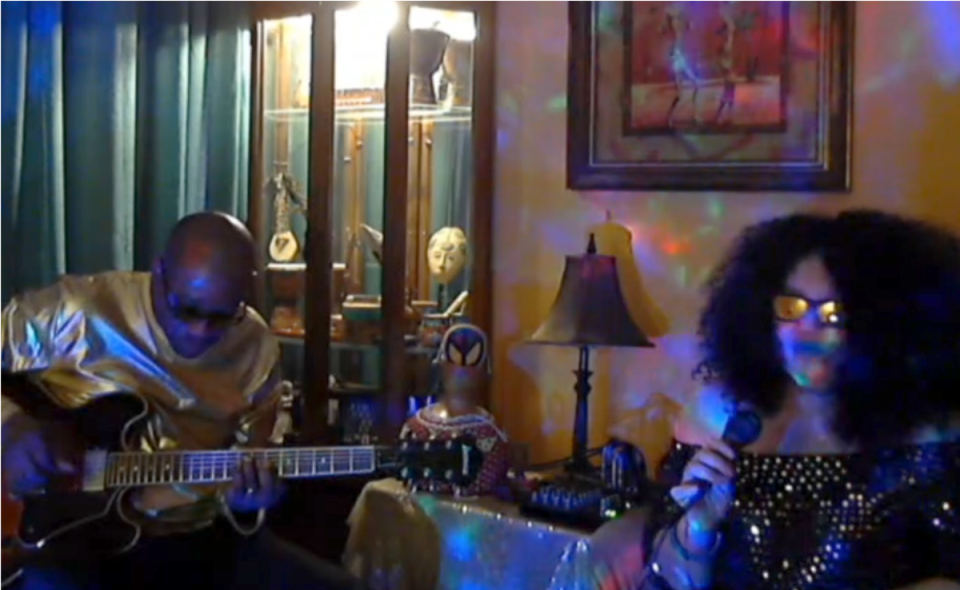 DM Hotep and Tara Reid performing as Jupiter Blue , from their live-streamed Quarantine Concerts performance, April 26, 2020