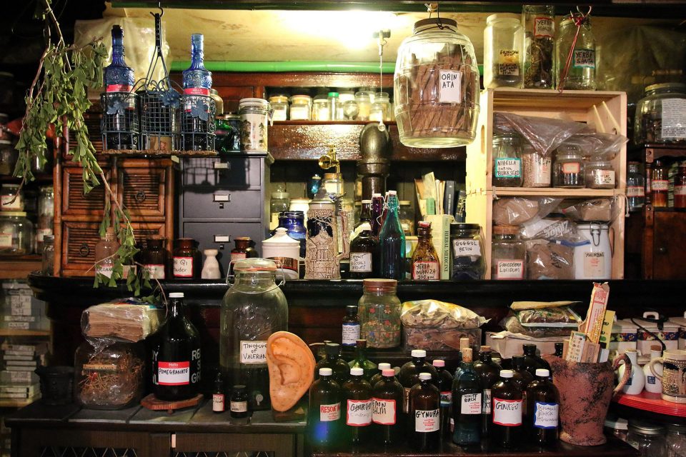 A wall of Milford Graves’s basement laboratory lined with bottles of herbal extracts