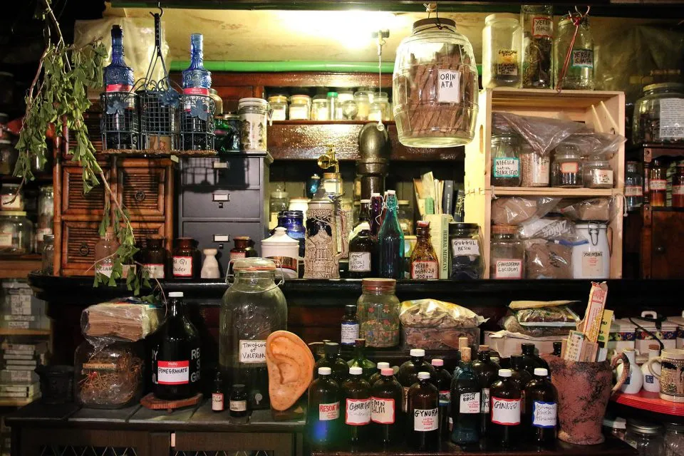 A wall of Milford Graves’s basement laboratory lined with bottles of herbal extracts