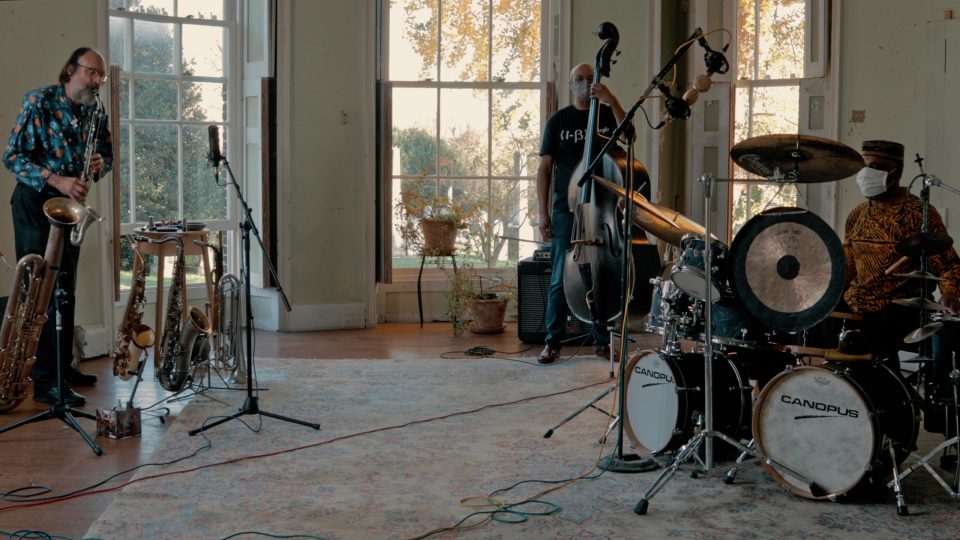 Scott Robinson, Justin Thayer, and Pheeroan akLaff recording in the oval room at The Woodlands, Philadelphia, November 2020.
